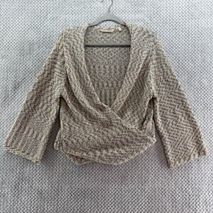 Soft Surroundings Sweater Womens L Beige Blue Knit V-Neck Wrap Cardigan LS